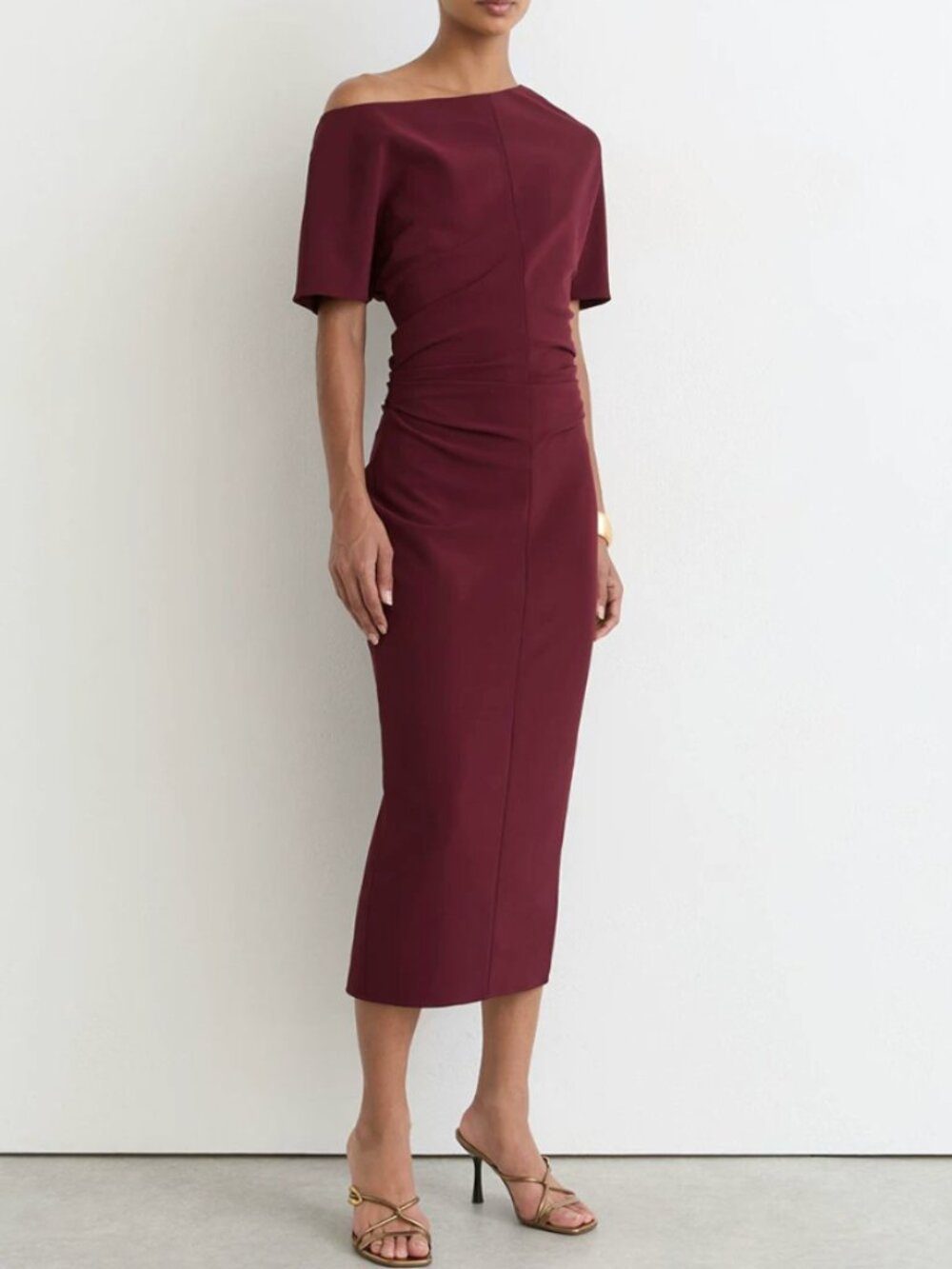 REISS Connie Midi Dress - Berry Red Off-Shoulder Ruched Business Causal